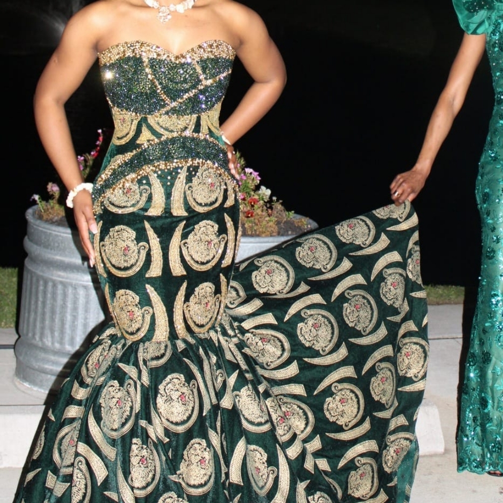 Elegant Green and Gold Strapless Gown
